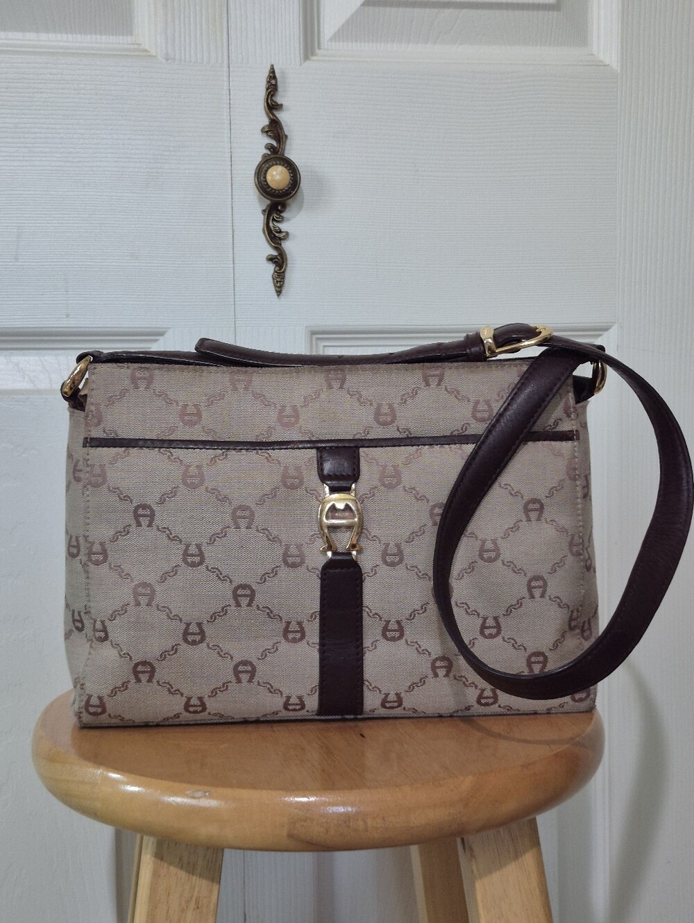 Etienne Aigner Vintage Signature Monogram Shoulder Bag Wity Brown Leather Trim